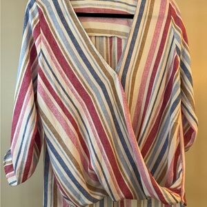 West Kei Red and Tan 3/4 Sleeve Wrap Blouse